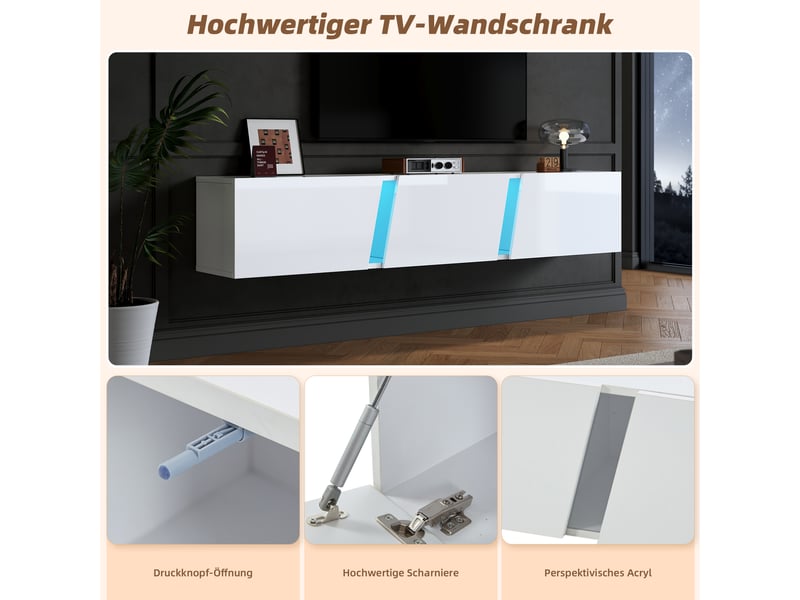  Meuble tv mural avec 3 portes, 5 compartiments et led pour salon 180×35×30 cm en panneaux de particules blanc  - Conforama C