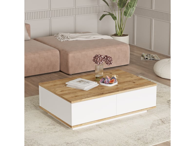 Table basse table de salon en bois mdf mélaminé pin atlantique et blanc l 90 cm - Conforama A