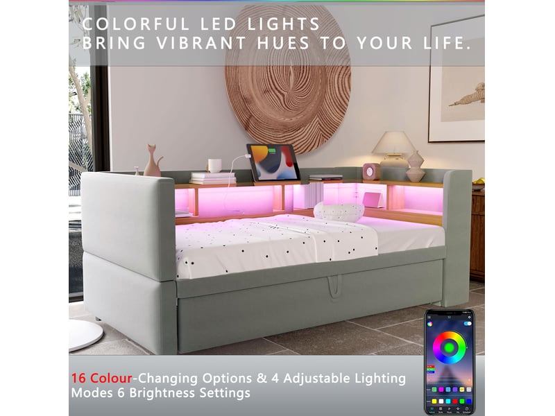 Lit banquette 90180x190 cm – gris clair – gigogne, led, prises et rangements intégrés – sans matelas - Conforama E