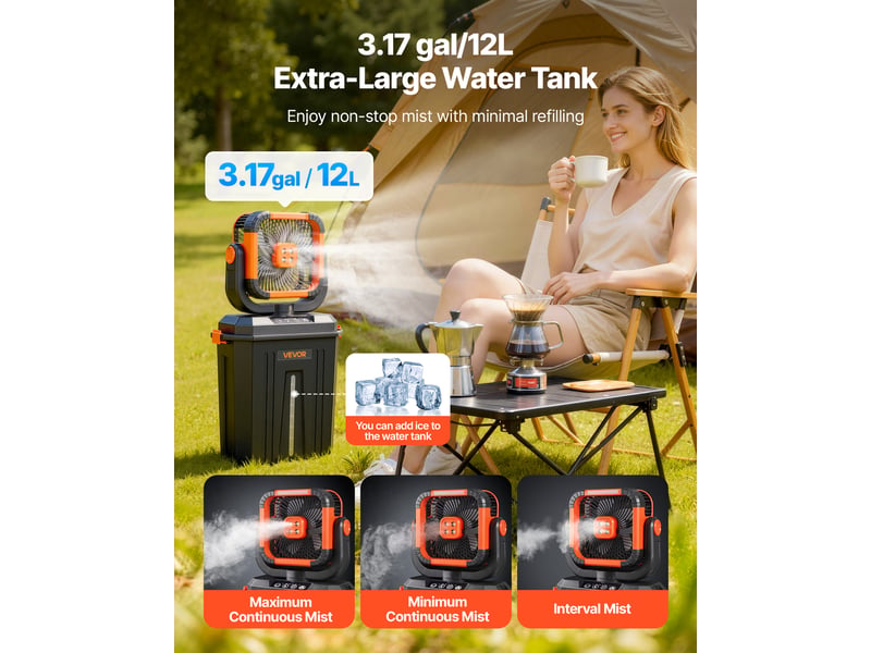 Vevor ventilateur brumisateur sur pied 2400 trmin ventilateur brumisateur pour interieur, exterieur, camping, avec reservoir eau 12 l, 4 vitesses ventilation, 3 modes deeclairage, batterie 20000 mah - Conforama B