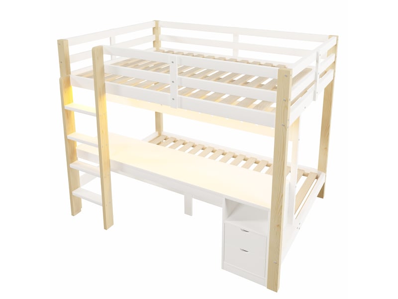 Lit mezzanine avec bureau, tiroirs, panneau perforé et led, pin, 90x200+140x200 cm - Conforama D