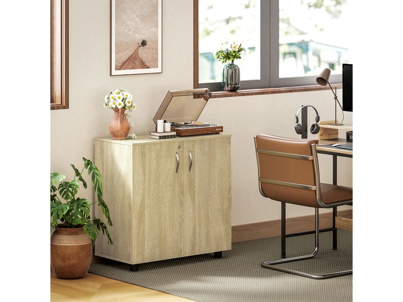  Armoire de bureau à 2 niveaux, meuble de rangement bureau avec 2 portes, serrures et clés, chêne, 80x40x80cm  - Conforama A