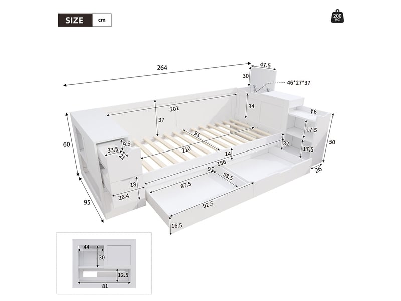  Lit coffre 90x200, rangement intégré lit une personne, tiroirs coulissants, sommier inclus, blanc frais  - Conforama C