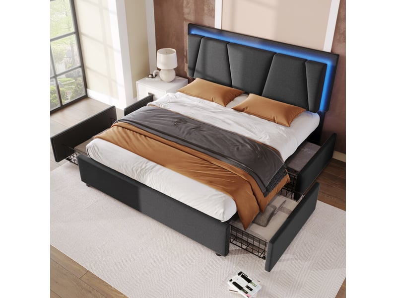  Lit double de rangement 140 x 200 cm gris avec led, tête de lit réglable et 4 tiroirs  - Conforama C