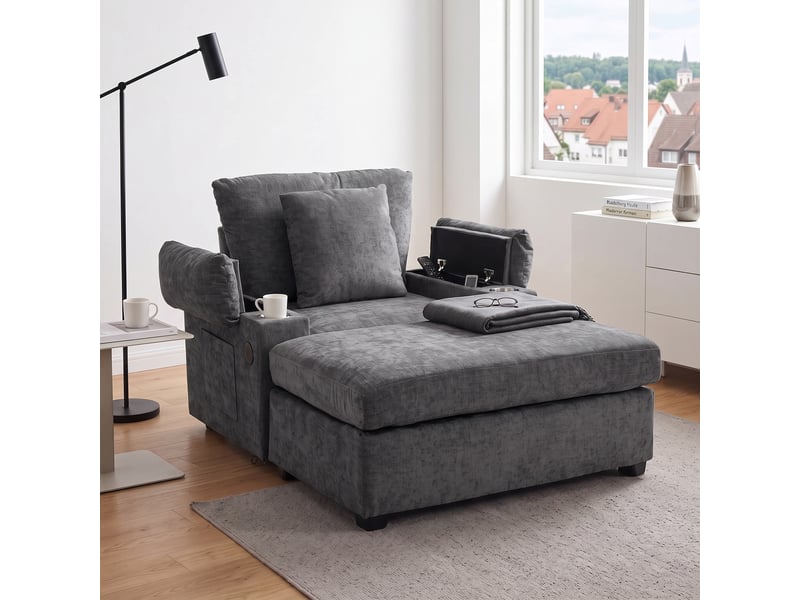  Fauteuil gris foncé en chenille avec pouf, 98 × 148 × 83 cm, rangements dissimulés, port usb et poches latérales  - Conforama B