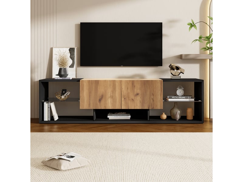  Meuble tv noir moderne pour écran jusqu’à 70 pouces – 3 plateaux en verre et 2 tiroirs  - Conforama B