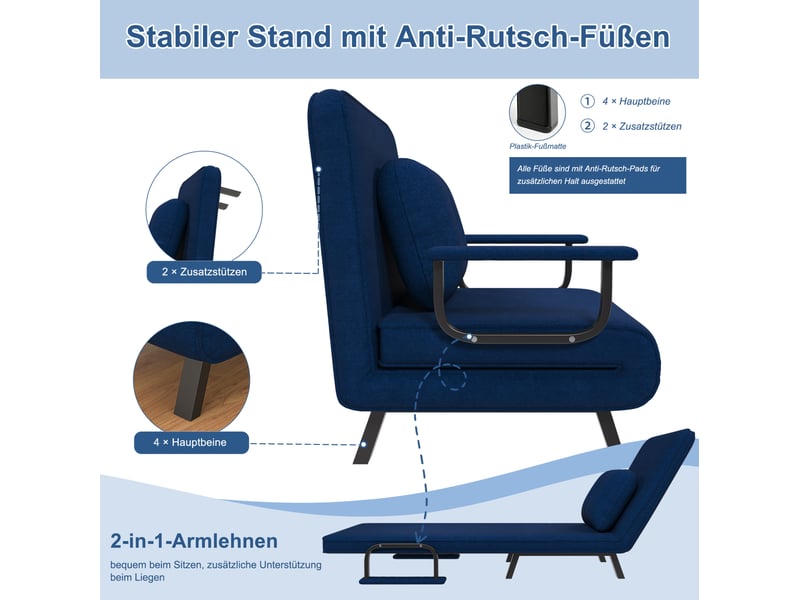  Fauteuil relax 60x60x80 cm inclinable 5 positions en chenille bleu  - Conforama E