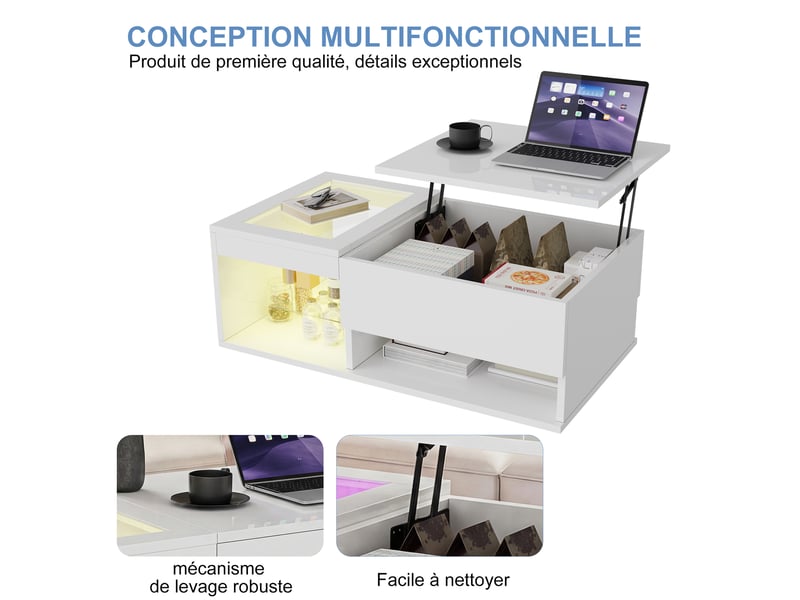  Table basse relevable blanche – led – rangement xxl – 2 tiroirs -  100×55×33 cm  - Conforama D