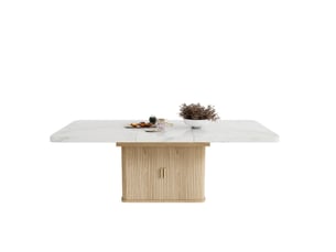 Table extensible de salle à manger 150 à 200 x 90 cm blanche et chêne clair en mdf, rangement central