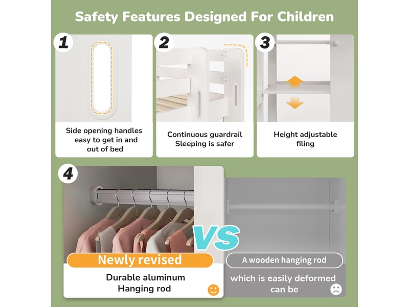  Lit mezzanine enfant 200×90 cm avec armoire et 6 étagères, sans matelas, en panneaux de particules et bois massif blanc  - Conforama E