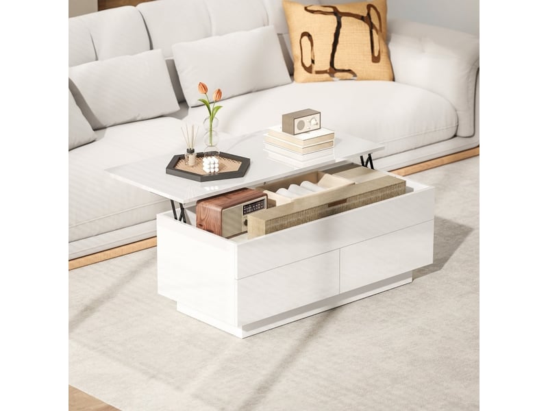  Table basse relevable avec 2 tiroirs et compartiment caché, plateau à 54,5 cm, blanc brillant, 102 × 48 × 40 cm  - Conforama B