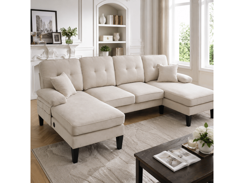 Canapé d'angle, canapé 4 places : avec méridienne, forme u, beige, en lin - Conforama C