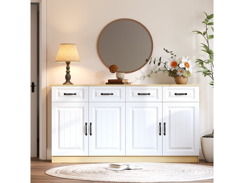 Buffet - 160x35x80cm - buffet basse de salon avec 4 tiroirs, 4 portes battantes &amp; étagères - blanc &amp; bois naturel  - Conforama B