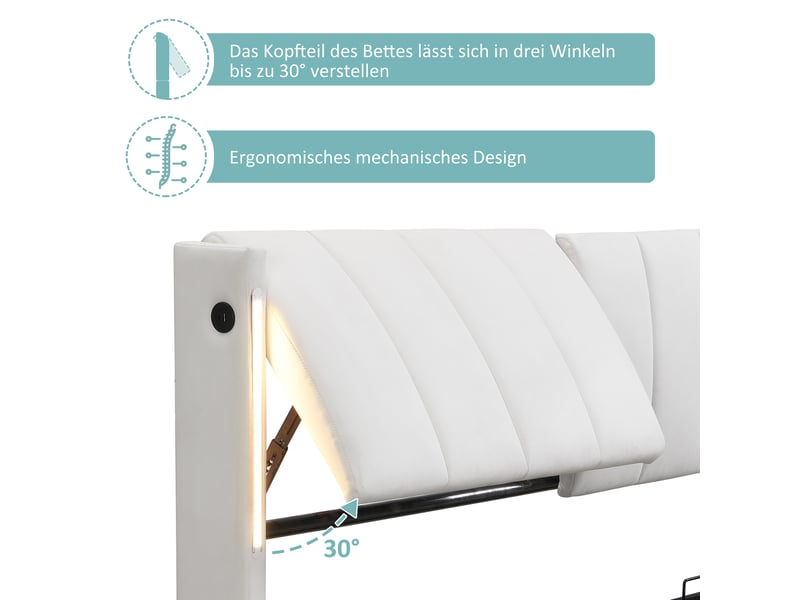  Lit rembourré 140x200 cm avec coffre hydraulique, éclairage led, usb et tête de lit réglable, pu blanc  - Conforama E
