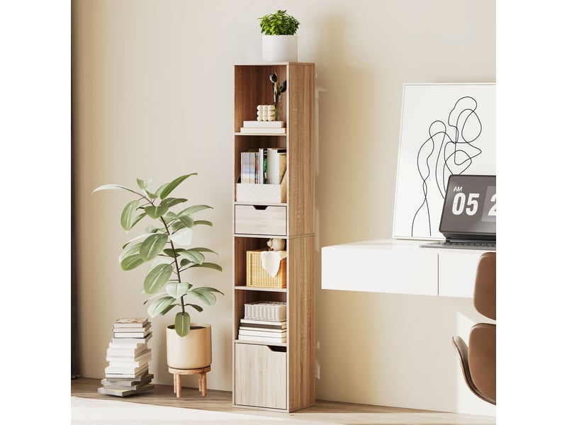  Bibliothèque ouverte à 4 niveaux avec placard et tiroir, 30 x 24 x 158 cm, couleur bois  - Conforama C