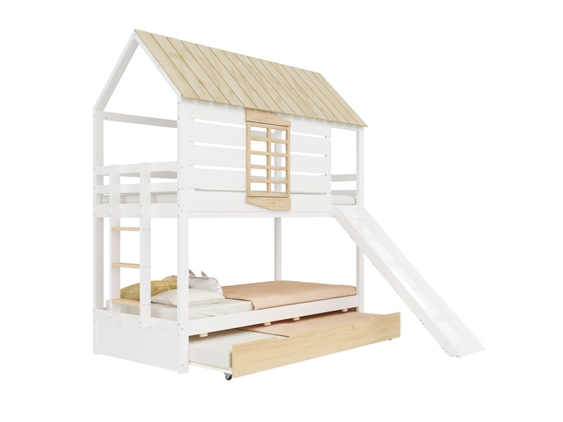 Lit superposé enfant 90x200, bois, en mdf, toboggan et lit gigogne en forme de maison, naturel et coloris blanc, sans matelas - Conforama A