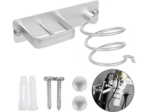 Support mural en aluminium pour sèche-cheveux avec range-câbles, idéal pour ranger sèche-cheveux, lisseurs, brosses à cheveux et autres accessoires.