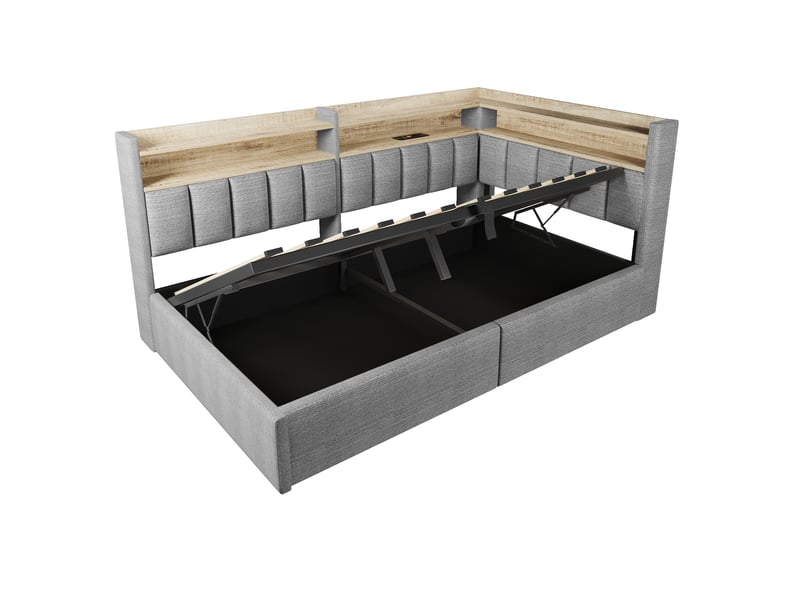Lit coffre 90 × 200 cm en velours gris, led, usb-ac et module latéral réversible Fay Lum - Conforama D