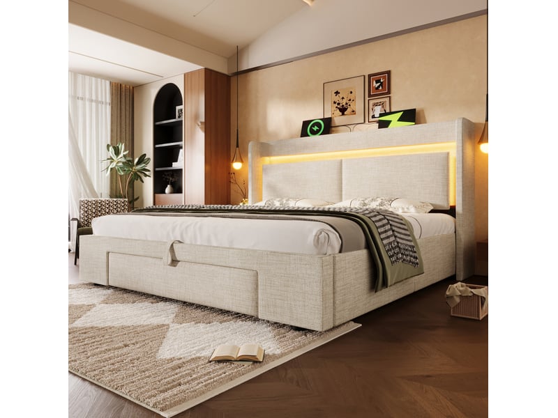  Lit avec rangement 160x200 cm beige en lin, tête de lit led, usb et usb-c, coffre hydraulique, matelas  - Conforama B