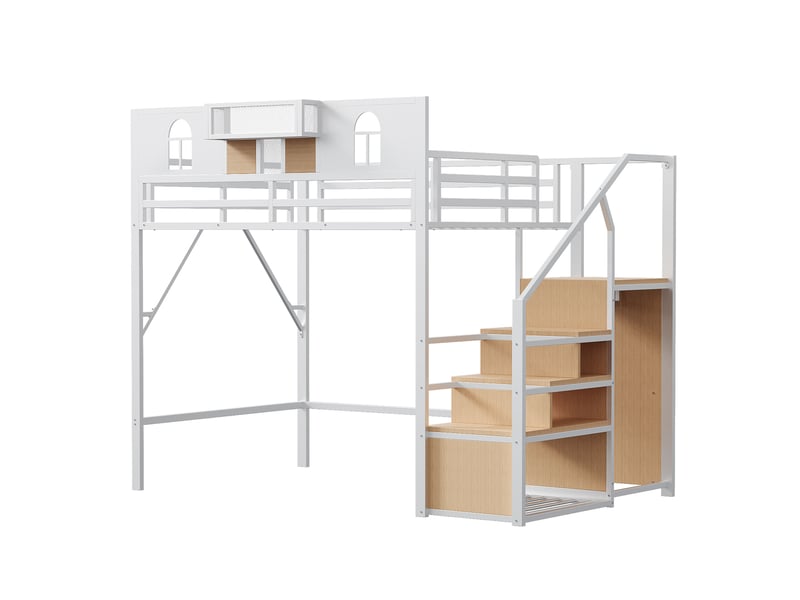  Lit mezzanine 140 x 200 cm, escalier, panneaux avec fenêtres, étagères de rangement, espace libre sous le lit, pour la chambre, métal, blanc ABC - Conforama A
