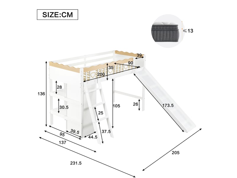  Lit mezzanine 90x200 cm - lit enfant avec toboggan, armoire intégrée et barrière de sécurité - combiné avec rangement - blanc et bois naturel  - Conforama E