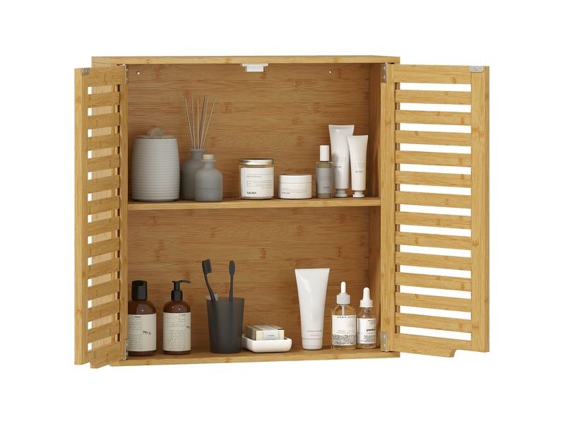  Armoire de salle de bain murale en bambou avec portes à lattes respirantes, étagère réglable, 60 x 20 x 60 cm, bois naturel  - Conforama A