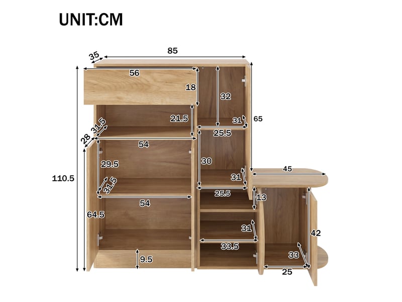  Meuble à chaussures avec banc, 5 portes, 1 tiroir et niche ouverte, pour entrée, en mdf naturel, 130 × 35 × 110,5 cm  - Conforama E