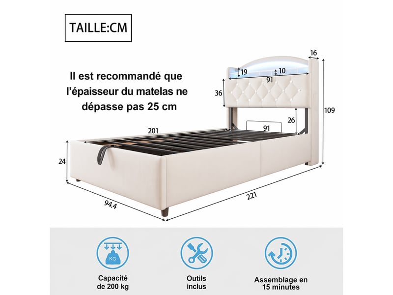 Lit coffre enfant 90×200 cm en velours, lit simple avec led, 3 ports usb et 1 port type-c, sans matelas, beige - Conforama D