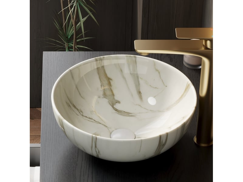 Lavabo à poser rond blanc en céramique effet pierre, sans meuble ni robinet, salle de bain, 48 × 48 × 28 cm - Conforama B