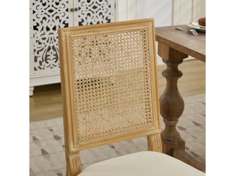  Chaises de salle à manger style ferme-lot 2-cadre bois massif, dossier rotin, assise lin, mousse et ressorts acier  - Conforama D