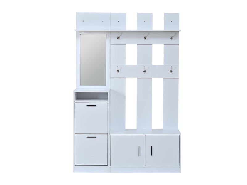Vestiaire d'entrée complet, porte-manteau avec meuble à chaussures et miroir intégré, avec 6 patères et étagères de rangement, blanc - Conforama A
