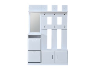 Vestiaire d'entrée complet, porte-manteau avec meuble à chaussures et miroir intégré, avec 6 patères et étagères de rangement, blanc
