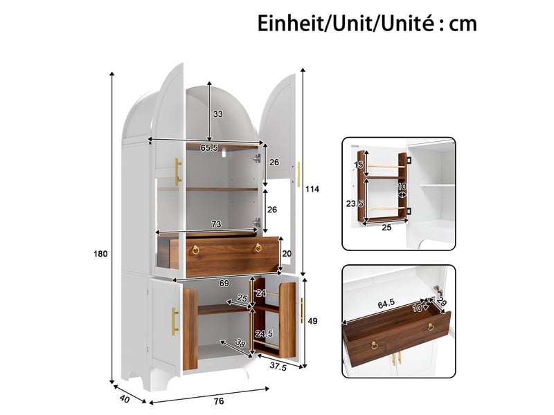  Vitrine haute 76x40x180 cm, éclairage led, portes vitrées, tiroir, design arqué, finition brillante pour salon et séjour - blanc  - Conforama C