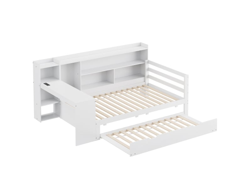  Lit gigogne 90x200 cm, sous-lit extensible et étagères intégrées, en bois, blanc, sans matelas  - Conforama E