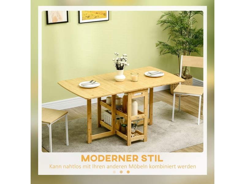  Table à manger extensible 150x80, plateau bambou naturel rangement intégré pieds réglables  - Conforama E