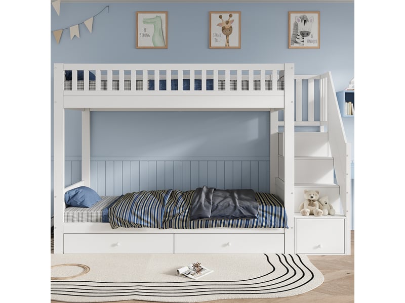  Lit superposé enfant 90x200 cm avec escalier de rangement et 2 tiroirs, bois et mdf, blanc, sans matelas  - Conforama C