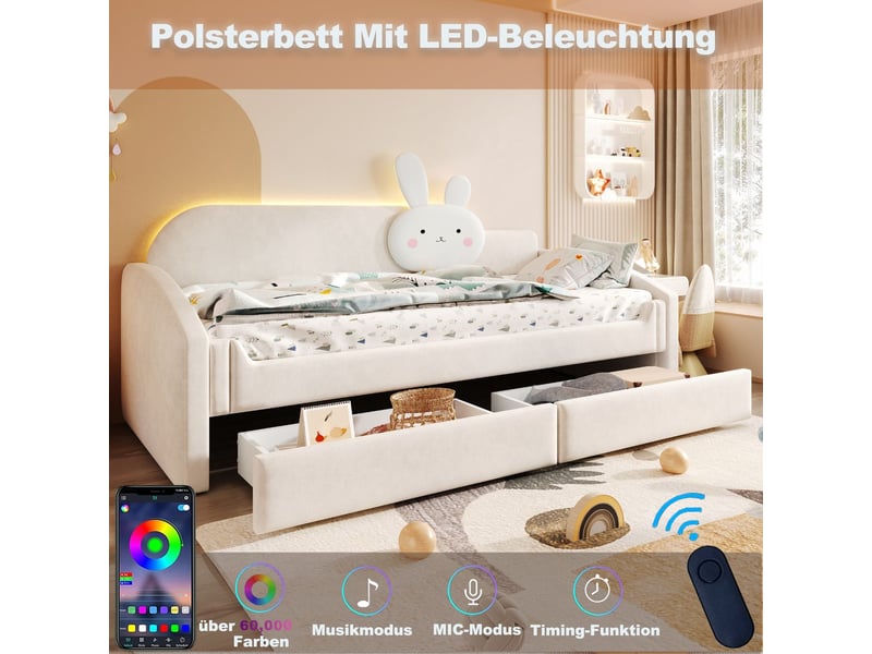  Lit simple 90 x 200 cm rangement intégré éclairage led accoudoirs rembourrés structure rembourrée revêtement en velours coloris beige  - Conforama D