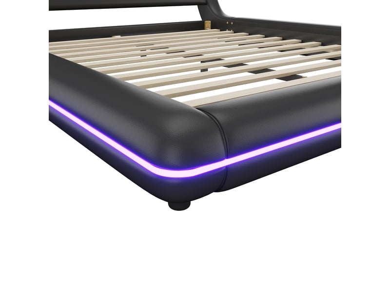  Lit double moderne 160x200 cm avec led et télécommande 24 touches, lit de sol, en pu et mdf, noir, sans matelas  - Conforama E