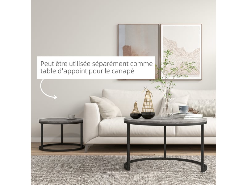  Lot de 2 tables basses gigognes empilable design industriel plateau imitation ciment pieds en métal gris  - Conforama E