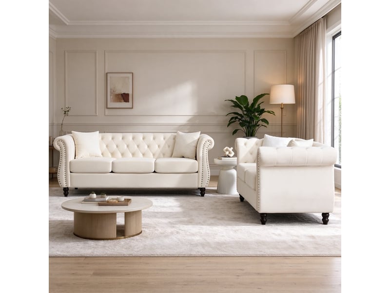  Canapé droit, pieds en bois d'hévéa façon bouteille, détails capitonnés et rivets argentés, 5 places, 76 x 73,6 x 203 cm + 76 x 73,6 x 148 cm, beige  - Conforama D