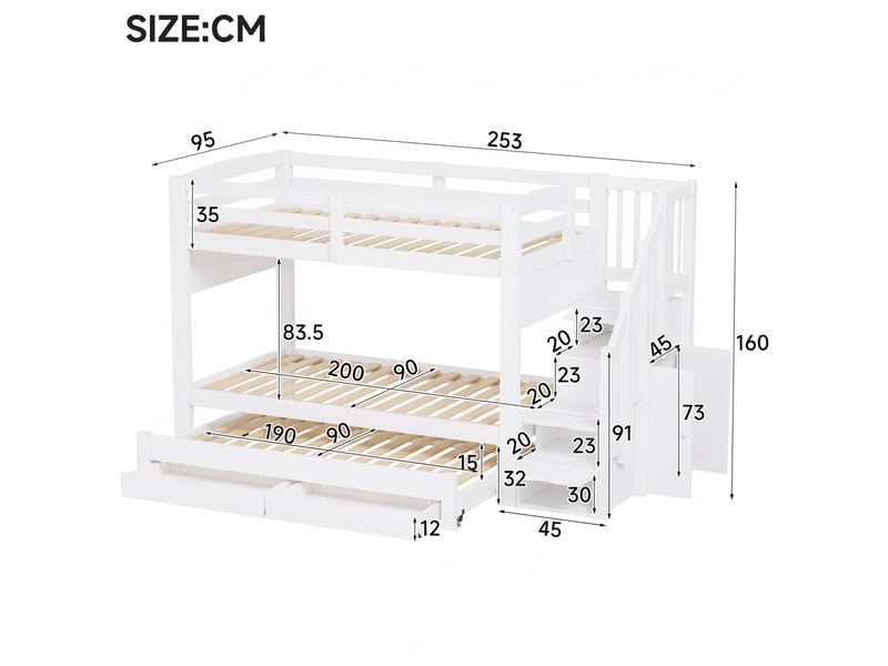  Lit superposé 3 places 90 × 200 cm et 90 × 190 cm, 2 tiroirs, escalier rangement et armoire, sans matelas, blanc  - Conforama D