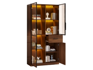 Vitrine avec éclairage led pour salon, 4 portes vitrées, 1 tiroir, mdf, aspect bois naturel, 80 x 35 x 160 cm