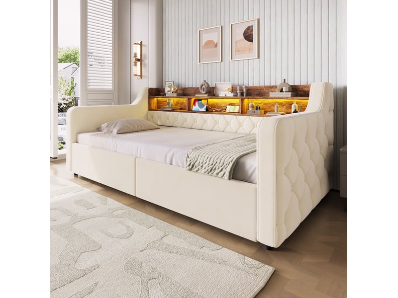 Lit une place 90x190 cm en velours beige avec led, usb, type-c, rangement et 2 tiroirs, sans matelas - Conforama E