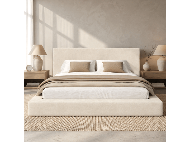  Lit double rembourré 180x200 cm en tissu chenille, lit capitonné avec tête de lit épaisse, sommier à lattes inclus - beige  - Conforama D