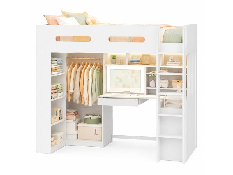  Lit mezzanine simple 90×200 cm avec bureau, armoire, tiroir, led et usb - okmyhome- blanc, sans matelas  - Conforama A