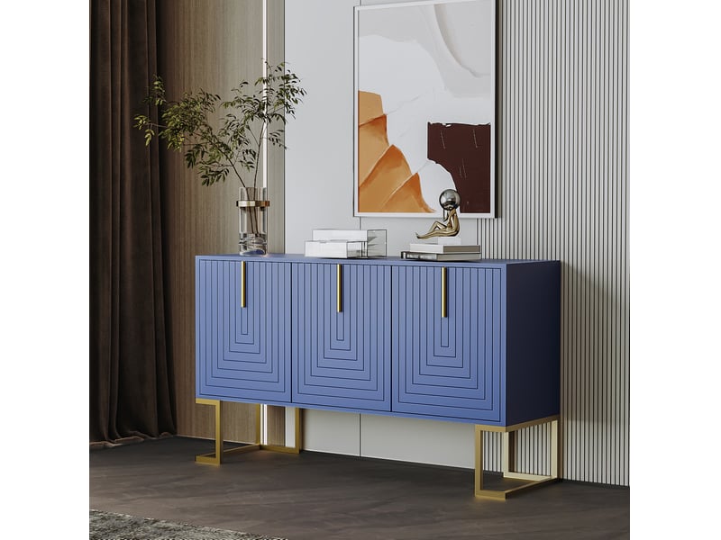  Buffet bas 3 portes bleu marine avec étagères réglables, poignées et piètement en métal, 138 x 40 x 80,5 cm  - Conforama D