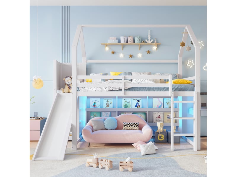  Lit mezzanine enfant 90x200 cm avec toboggan, étagères et led, blanc  - Conforama D