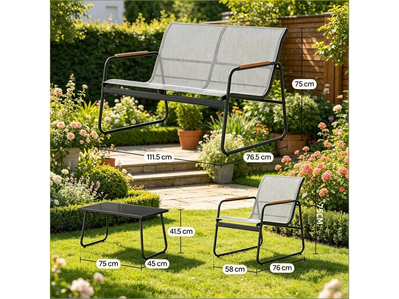  Salon de jardin avec canapé 2 places, 2 fauteuils et table basse en métal, verre trempé et polyester gris  - Conforama D