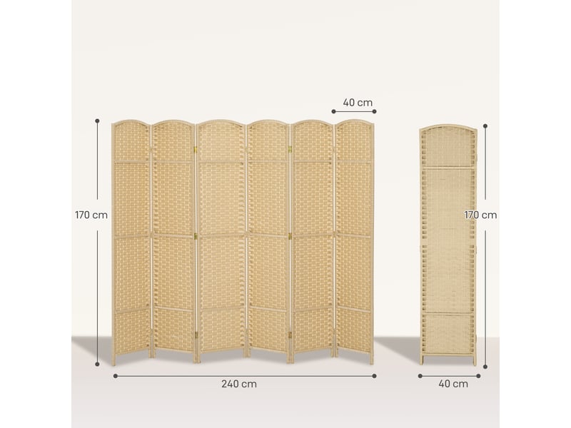  Paravent interieur en bois 6 panneaux 240 x 170 cm séparateur de pièce pliable pour salon, naturel, chambre à coucher  - Conforama C