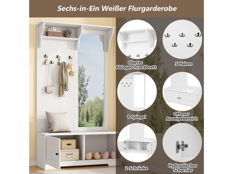 Vestiaire d'entrée 100x40x180 cm blanc avec banc à chaussures, miroir, 5 patères, 2 placards, étagère et portes à fermeture douce - Conforama E